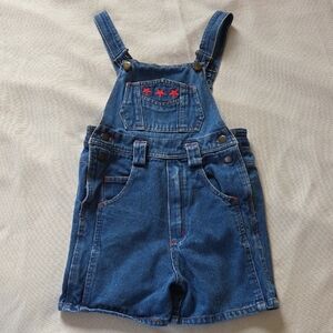 Vintage Longstreet Blue Denim Kids Shorts Overalls Red Star Embroidered Sz 7
